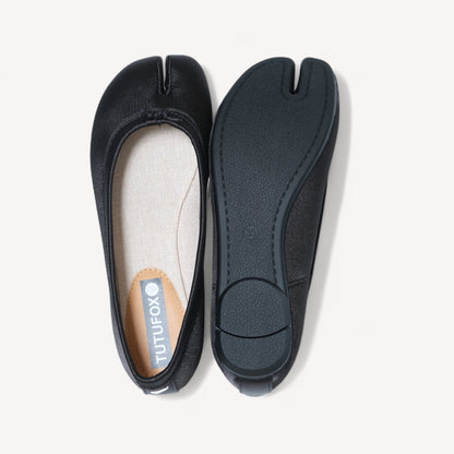 Black Satin Round Toe Split Tabi Flats - tutufox - tabis