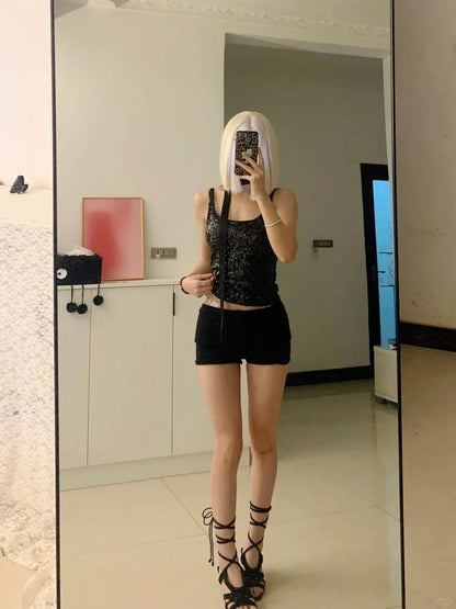 Black Sequin Cami Top with Black Knit Shorts Y2K Two - Piece Set - tutufox - 