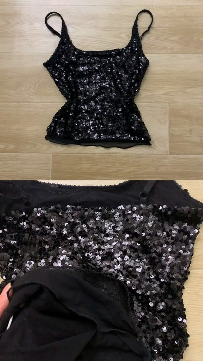 Black Sequin Cami Top with Black Knit Shorts Y2K Two - Piece Set - tutufox - 