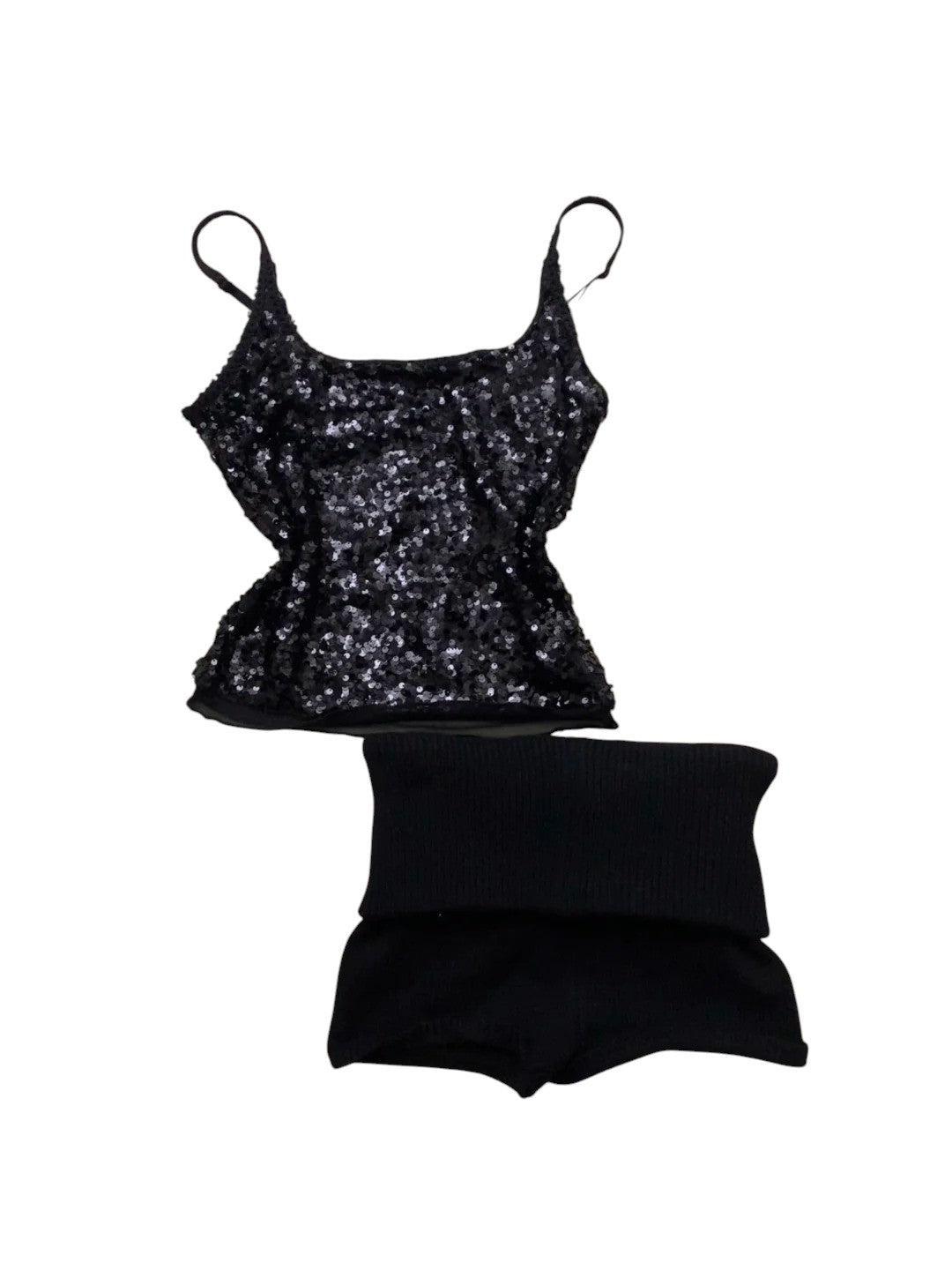 Black Sequin Cami Top with Black Knit Shorts Y2K Two - Piece Set - tutufox - 