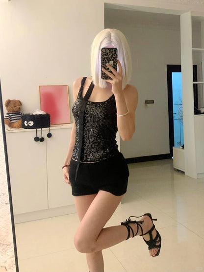 Black Sequin Cami Top with Black Knit Shorts Y2K Two - Piece Set - tutufox - 
