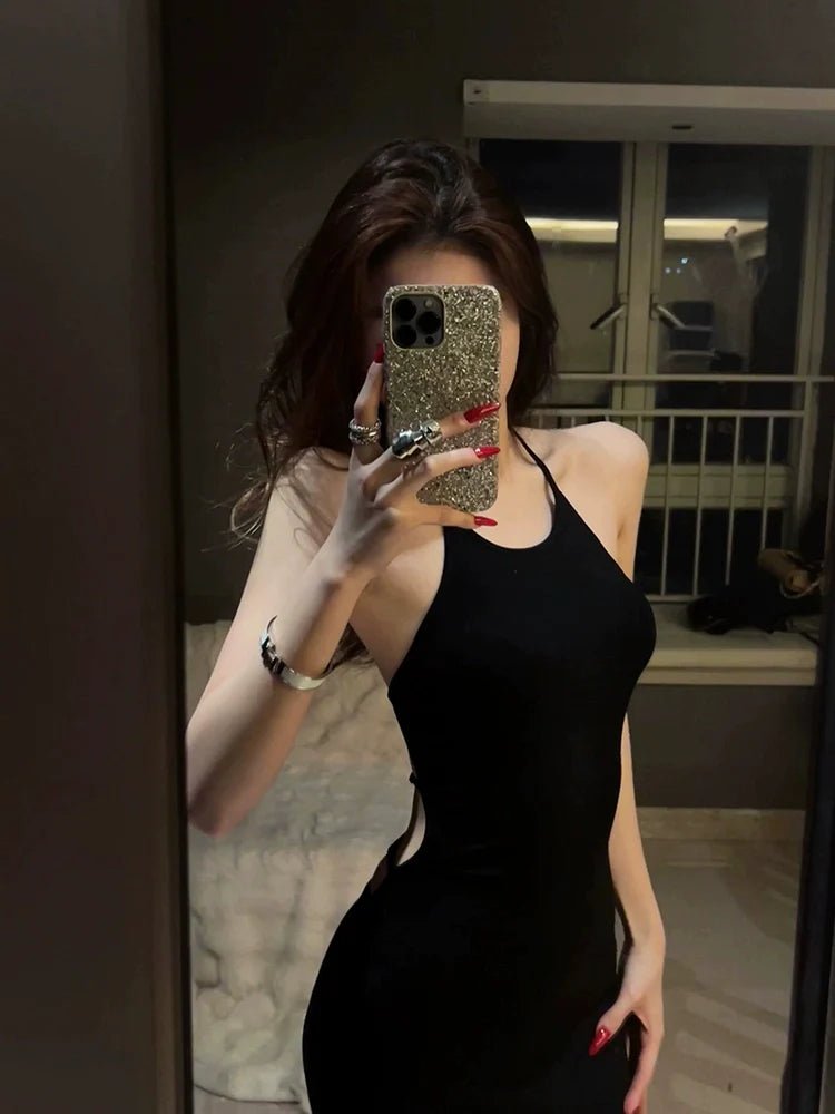 Black Sexy Backless Halter Spaghetti - Strap Beach Vacation Bodycon Midi Dress - tutufox - 