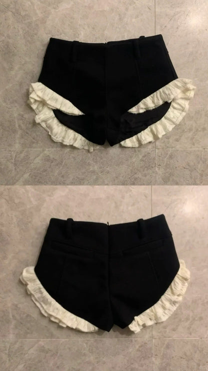 Black Short Blazer with Lace Cuffs and Mini Shorts Y2K Two Piece Sets - tutufox - 