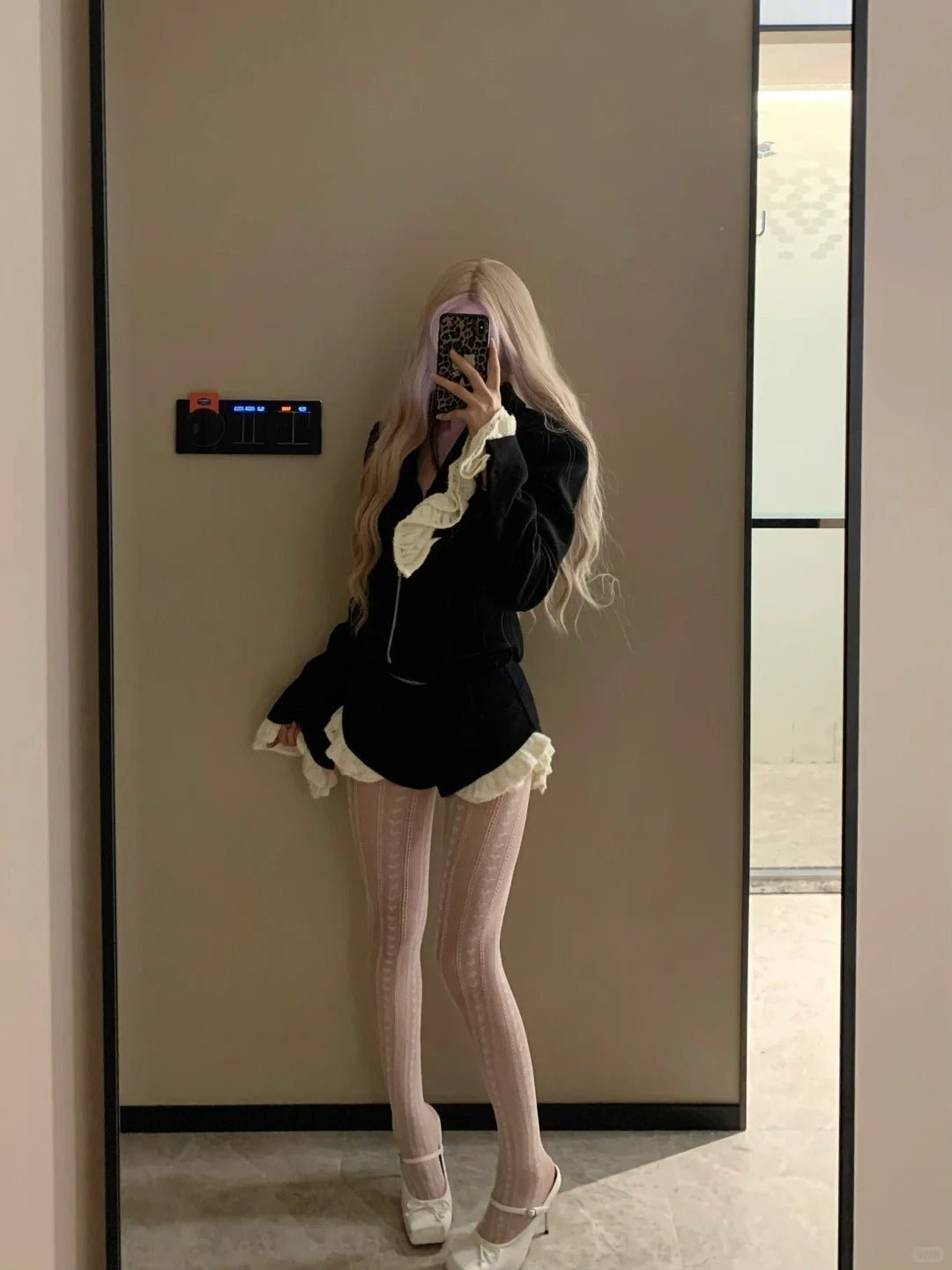 Black Short Blazer with Lace Cuffs and Mini Shorts Y2K Two Piece Sets - tutufox - 