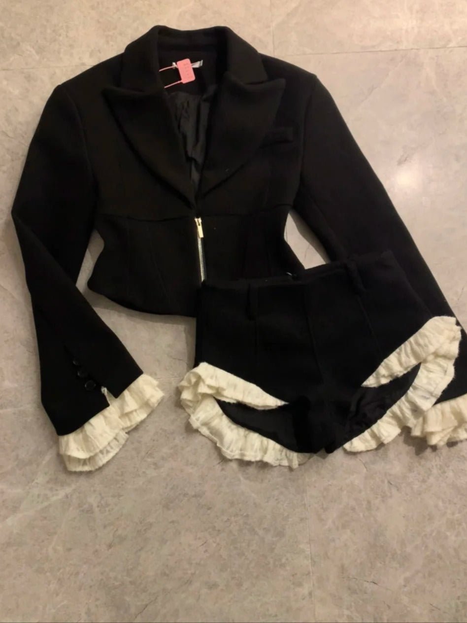 Black Short Blazer with Lace Cuffs and Mini Shorts Y2K Two Piece Sets - tutufox - 