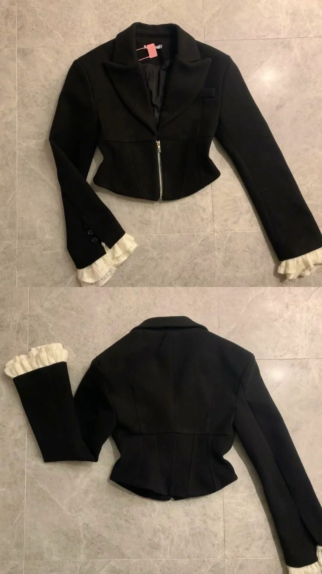 Black Short Blazer with Lace Cuffs and Mini Shorts Y2K Two Piece Sets - tutufox - 