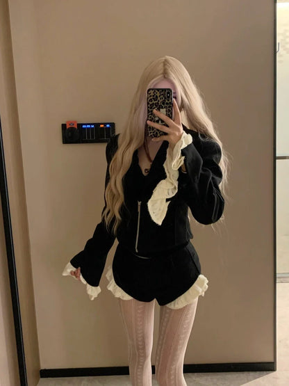Black Short Blazer with Lace Cuffs and Mini Shorts Y2K Two Piece Sets - tutufox - 