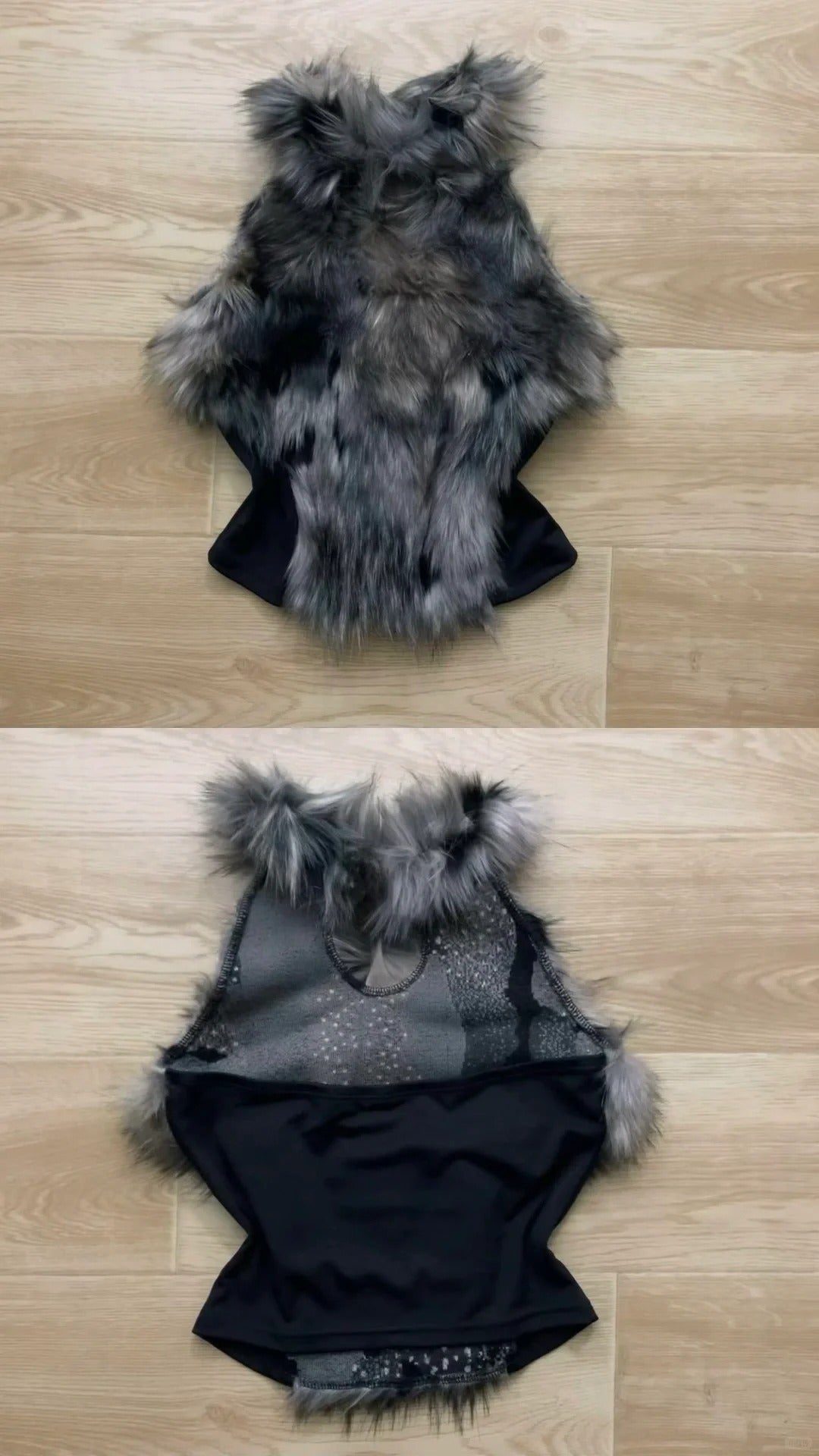 Black Sleeveless Top with Grey Fur Vest and Studded Leather Shorts Y2K Two Piece Sets - tutufox - 