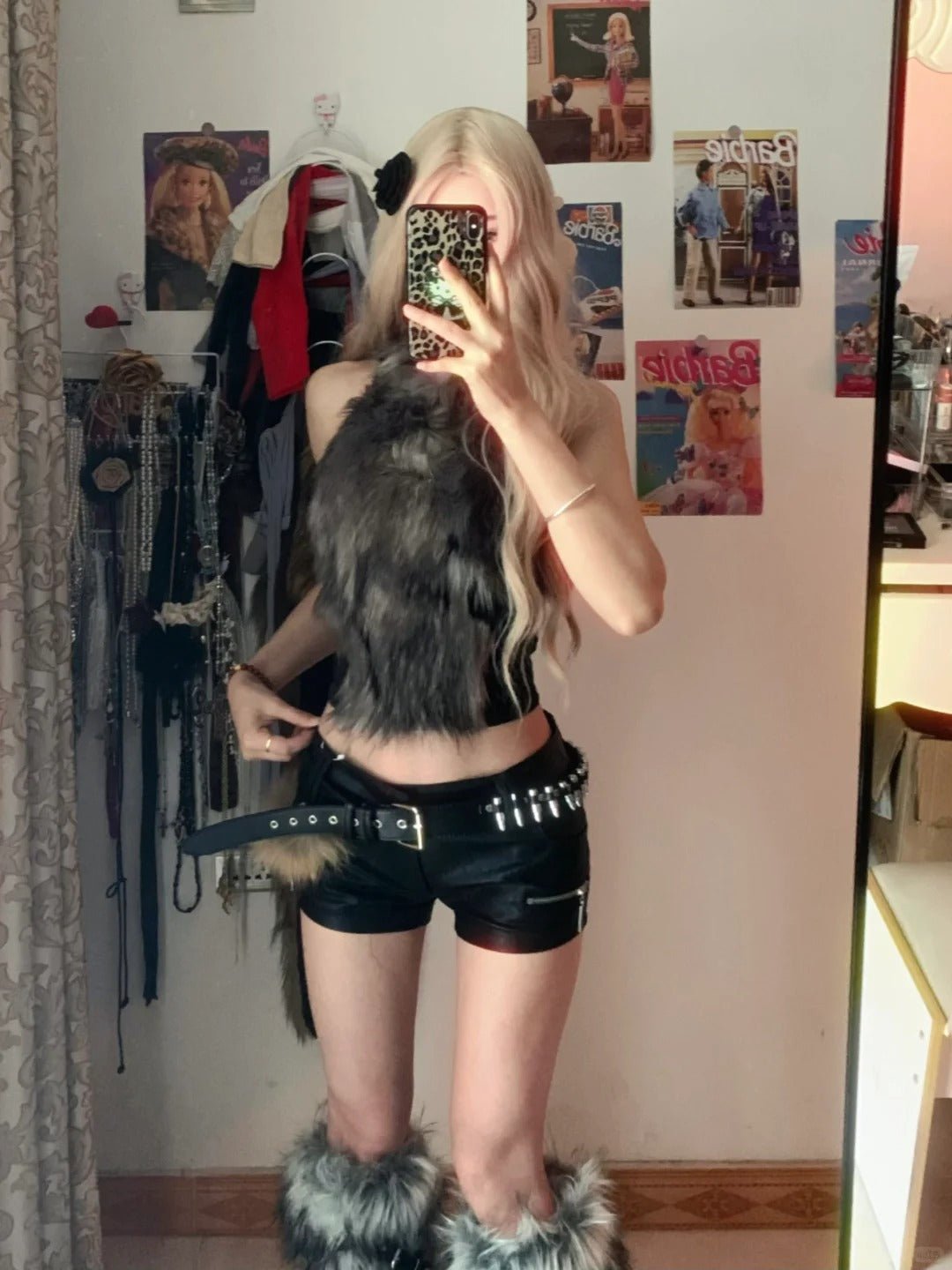 Black Sleeveless Top with Grey Fur Vest and Studded Leather Shorts Y2K Two Piece Sets - tutufox - 
