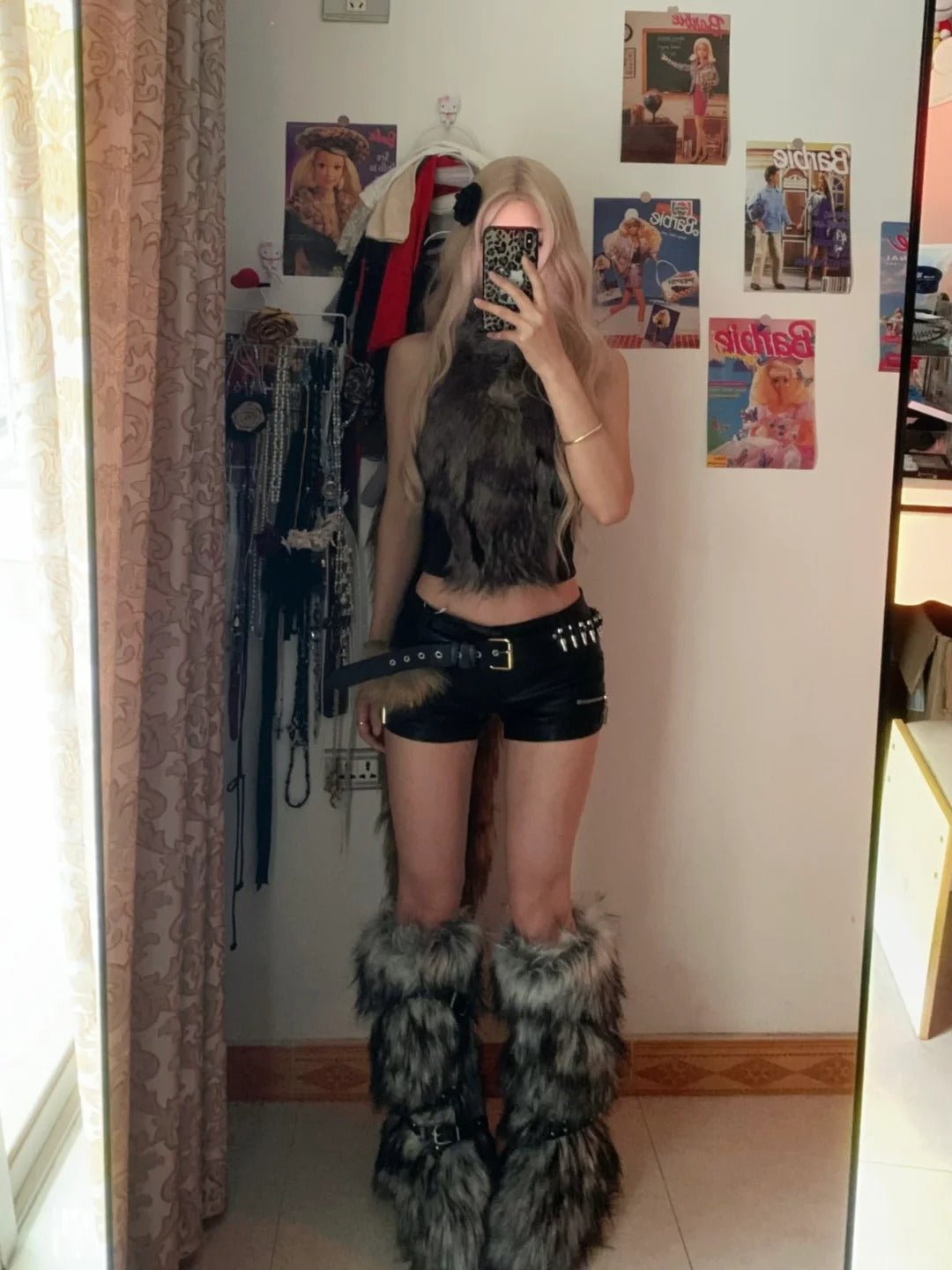 Black Sleeveless Top with Grey Fur Vest and Studded Leather Shorts Y2K Two Piece Sets - tutufox - 