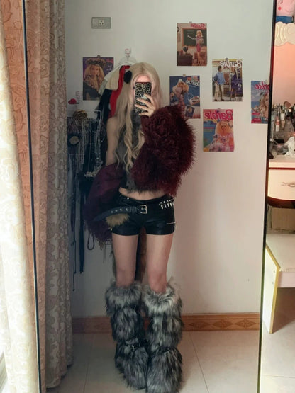 Black Sleeveless Top with Grey Fur Vest and Studded Leather Shorts Y2K Two Piece Sets - tutufox - 