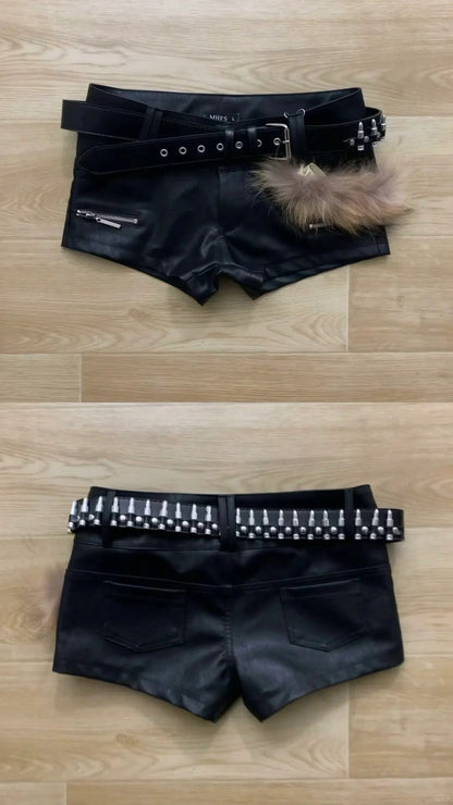Black Sleeveless Top with Grey Fur Vest and Studded Leather Shorts Y2K Two Piece Sets - tutufox - 