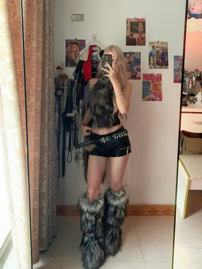 Black Sleeveless Top with Grey Fur Vest and Studded Leather Shorts Y2K Two Piece Sets - tutufox - 