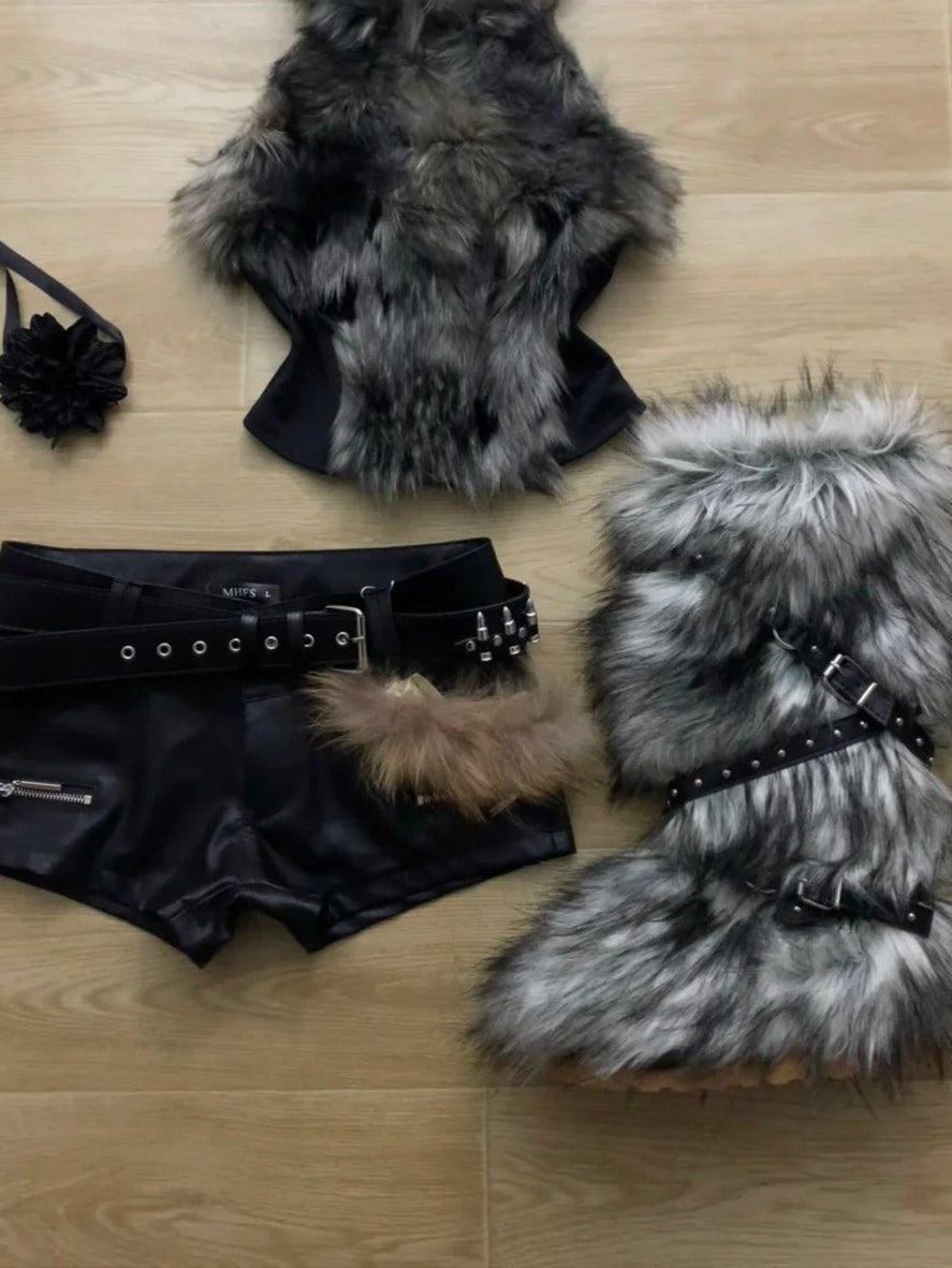 Black Sleeveless Top with Grey Fur Vest and Studded Leather Shorts Y2K Two Piece Sets - tutufox - 