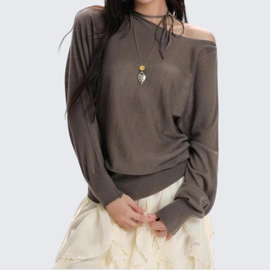 Black Sloping-Shoulder Long-Sleeve Knitted Sweater - Spring & Autumn
