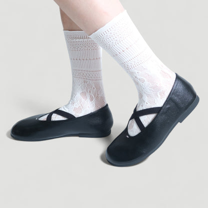 Black Soft Leather Ballet Crisscross Strap Flats - tutufox - shoes