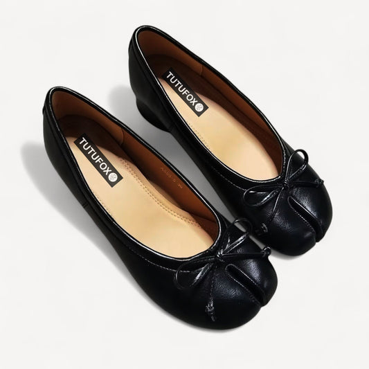 Black Soft Leather Round - Heel Split - Toe Bow Tabi - tutufox - tabis