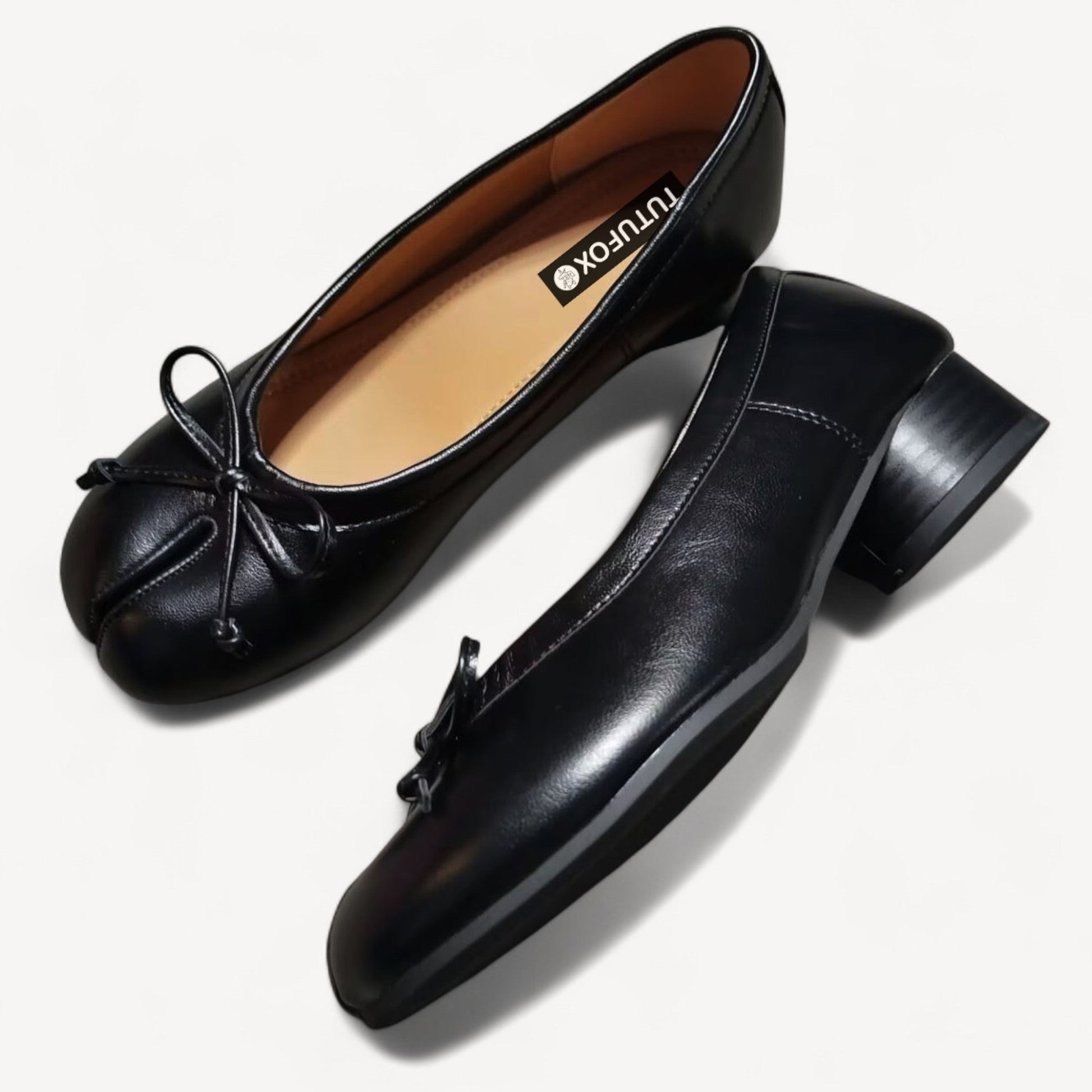 Black Soft Leather Round - Heel Split - Toe Bow Tabi - tutufox - tabis