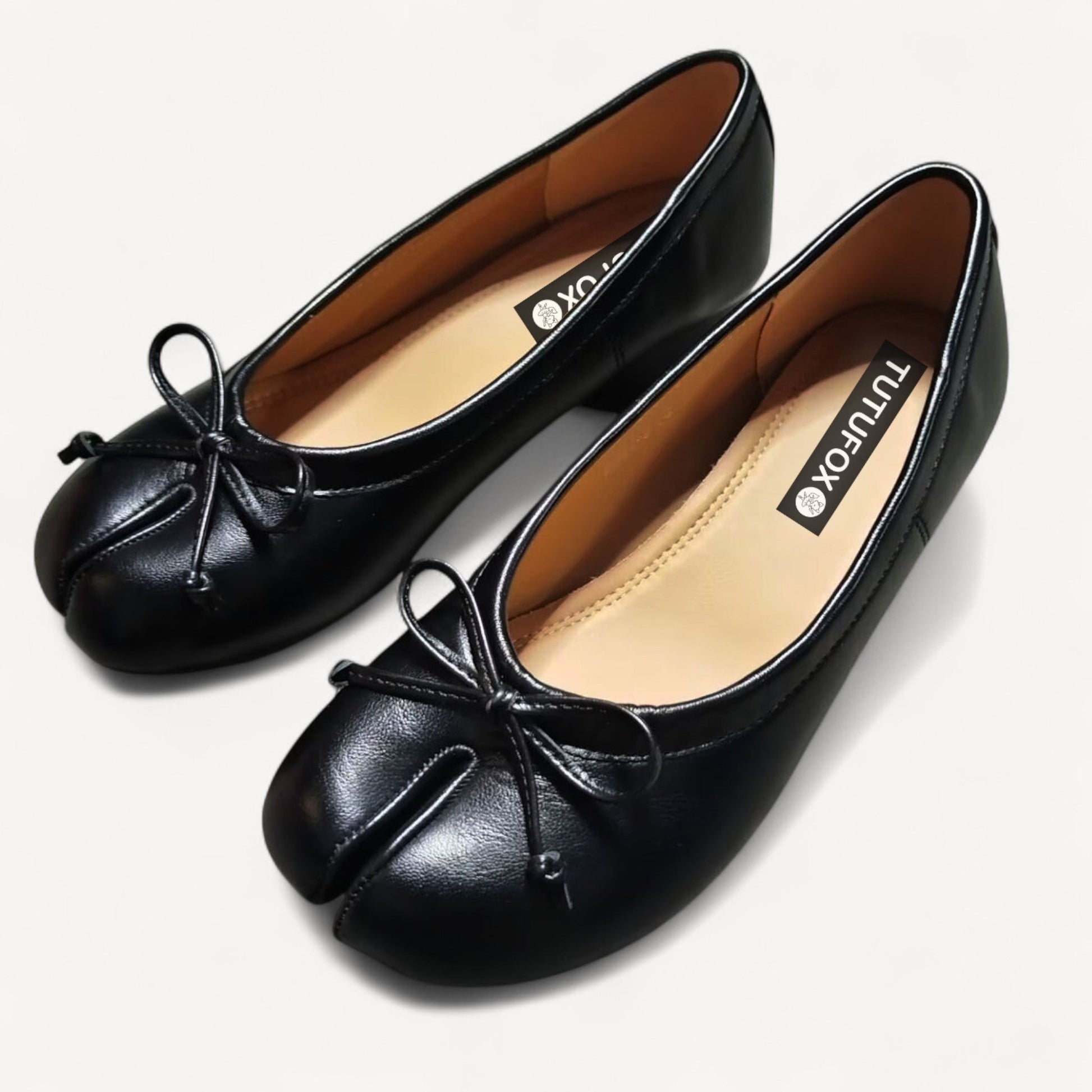 Black Soft Leather Round - Heel Split - Toe Bow Tabi - tutufox - tabis