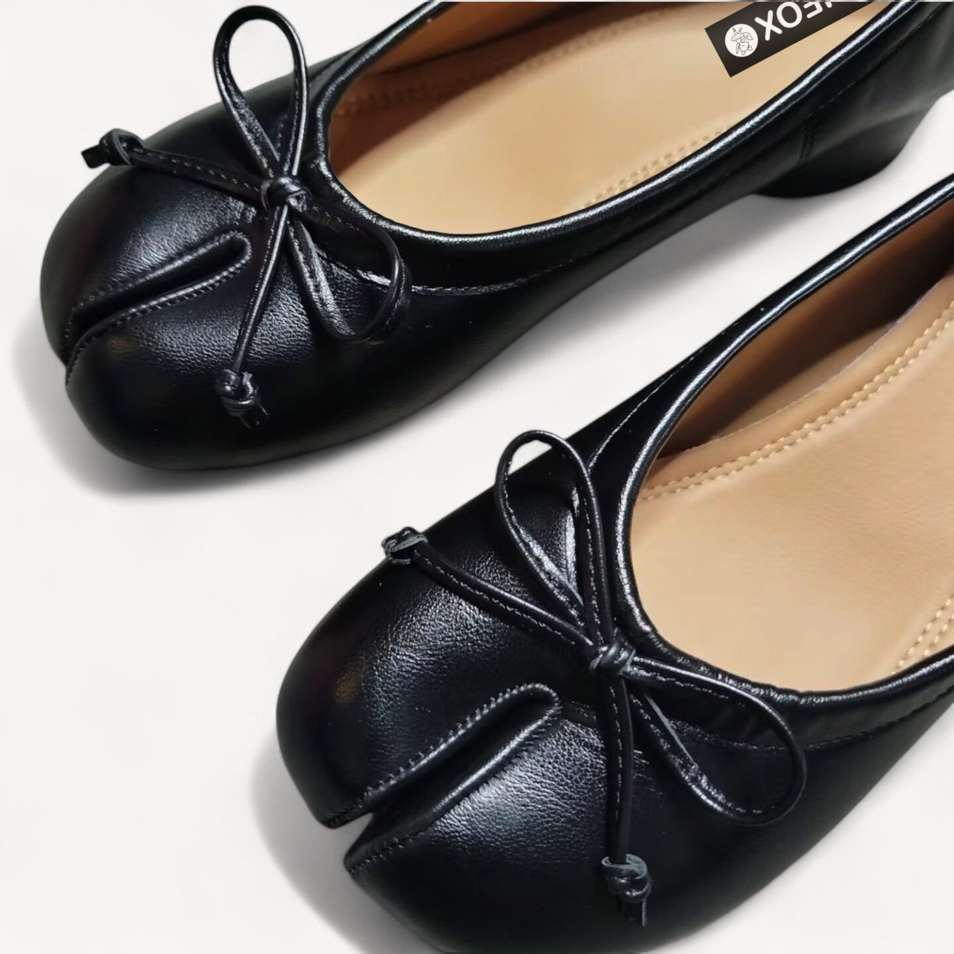 Black Soft Leather Round - Heel Split - Toe Bow Tabi - tutufox - tabis