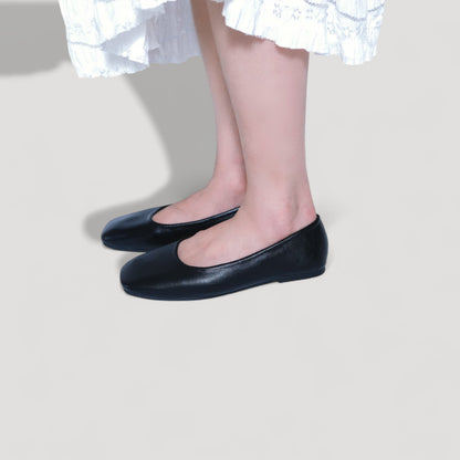 leather square toe flats black model standing view