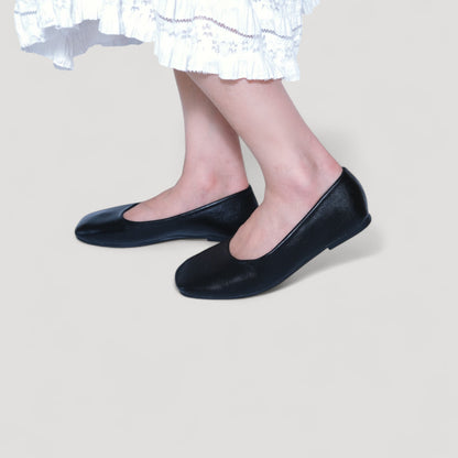 leather square toe flats black model walking view