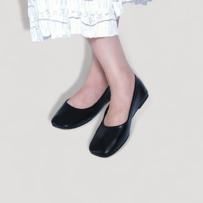 leather square toe flats black model posing view
