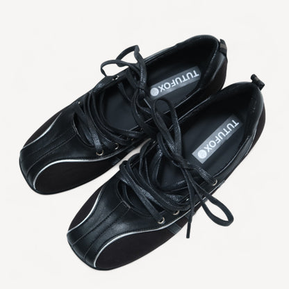 Black Soft Leather Square Toe Balletsneaker Flats - tutufox - shoes