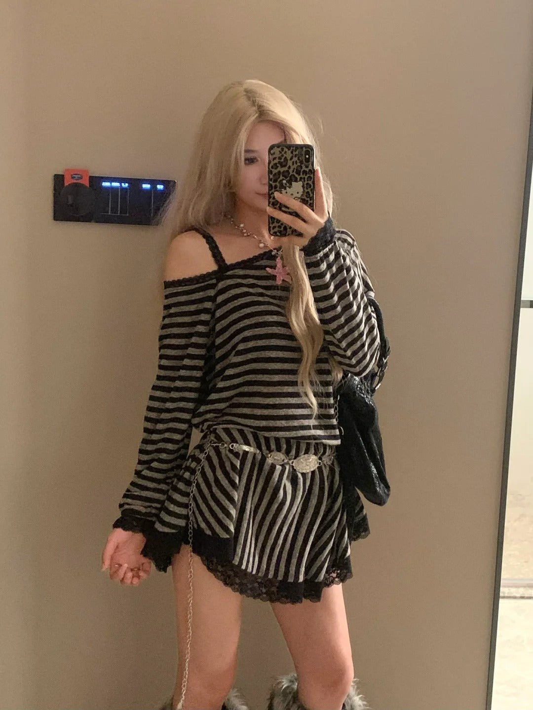 Black Striped Off Shoulder Long Sleeve Top and Lace Mini Skirt Y2K Two Piece Sets - tutufox - 