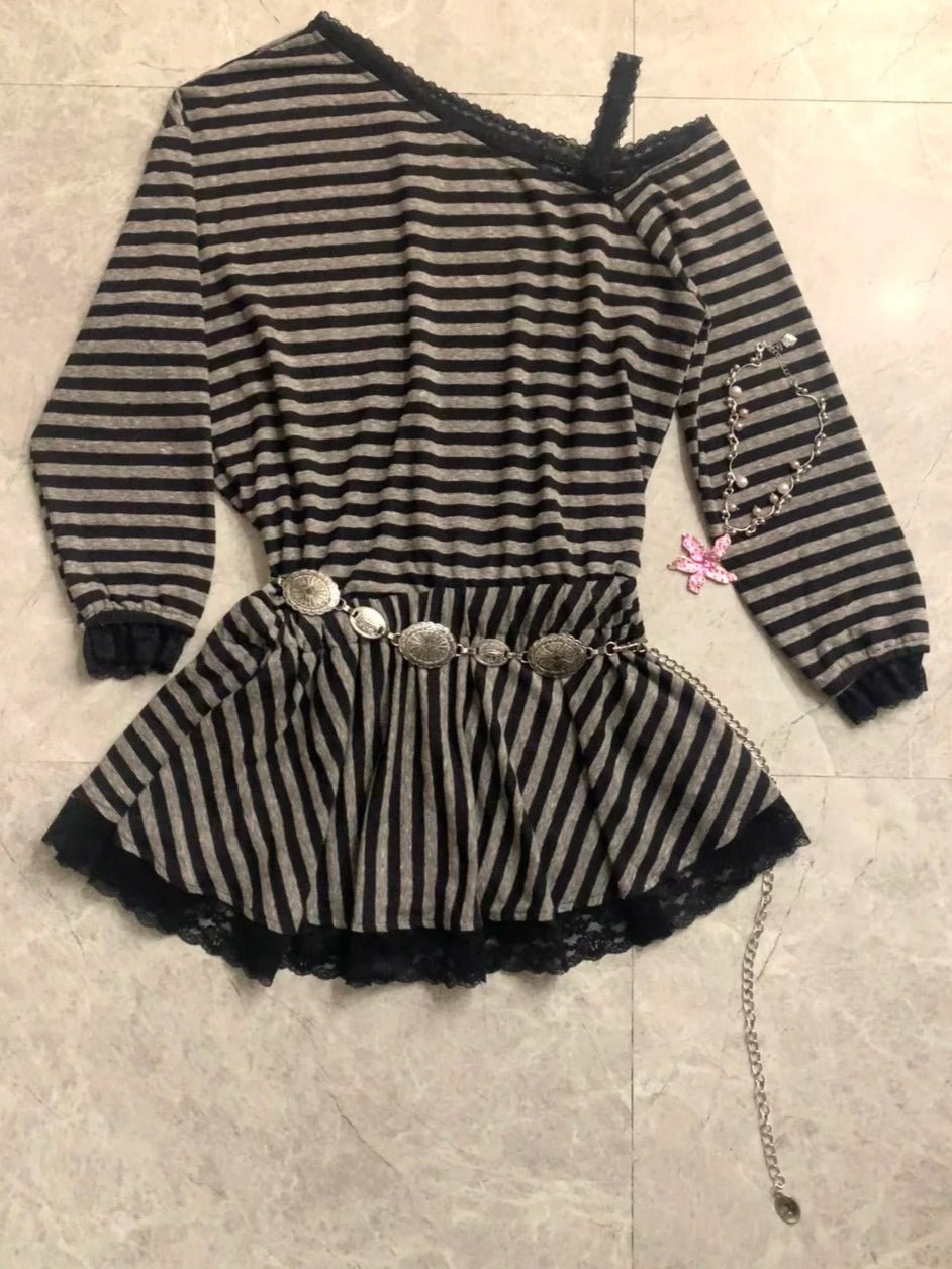 Black Striped Off Shoulder Long Sleeve Top and Lace Mini Skirt Y2K Two Piece Sets - tutufox - 