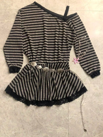 Black Striped Off Shoulder Long Sleeve Top and Lace Mini Skirt Y2K Two Piece Sets - tutufox - 