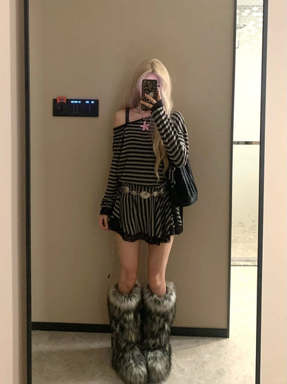 Black Striped Off Shoulder Long Sleeve Top and Lace Mini Skirt Y2K Two Piece Sets - tutufox - 