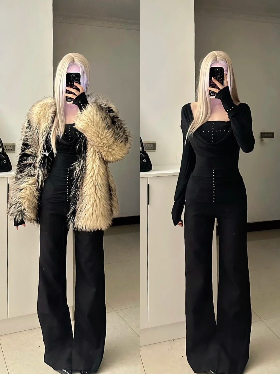 Black Studded Jumpsuit and Brown Fur Coat Y2K Outfit - tutufox - 