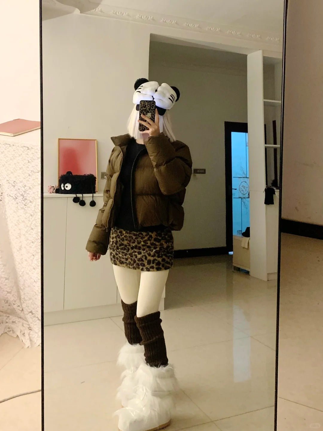 Black Top with Brown Short Down Jacket and Leopard Mini Skirt Y2K Outfit - tutufox - 