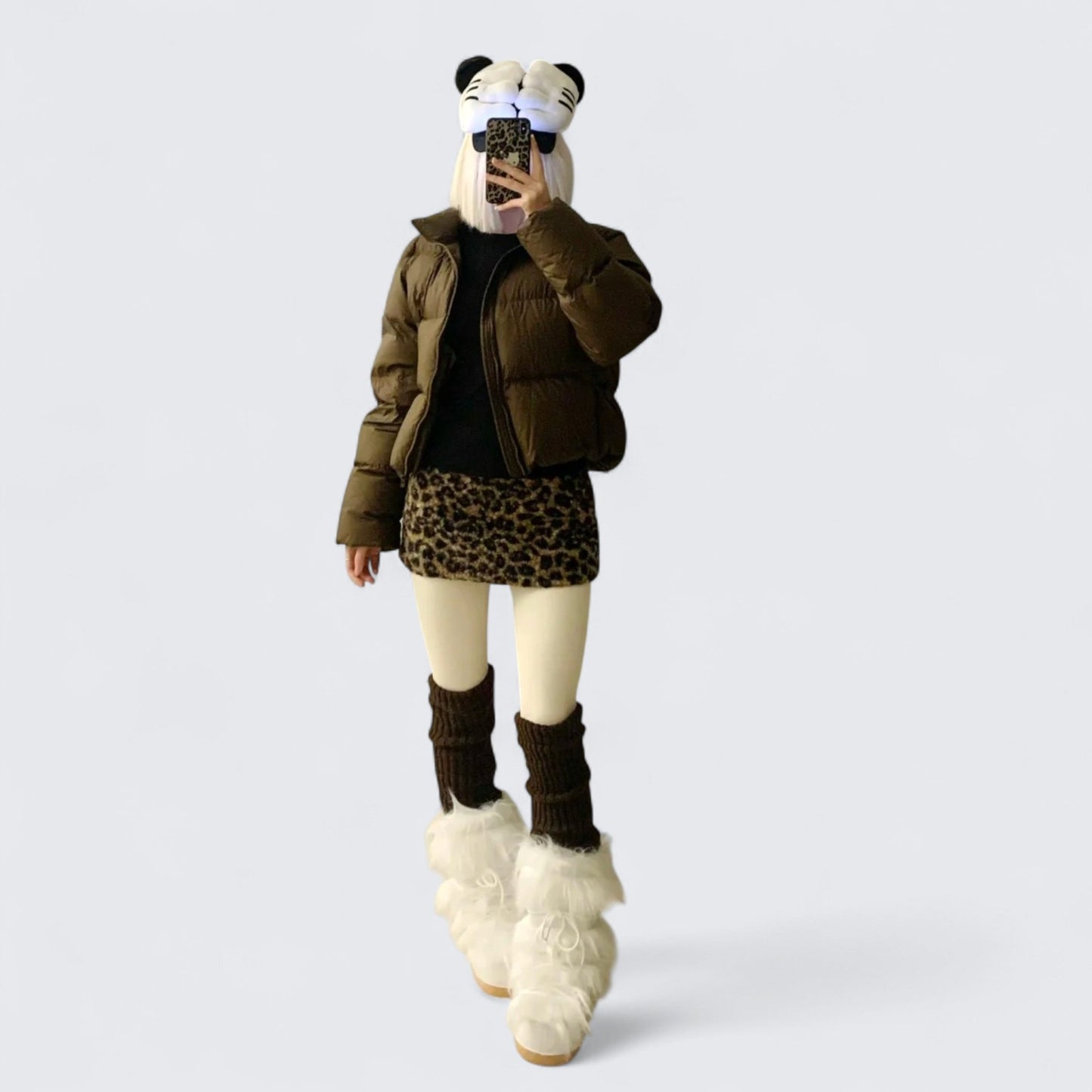 Black Top with Brown Short Down Jacket and Leopard Mini Skirt Y2K Outfit - tutufox - 
