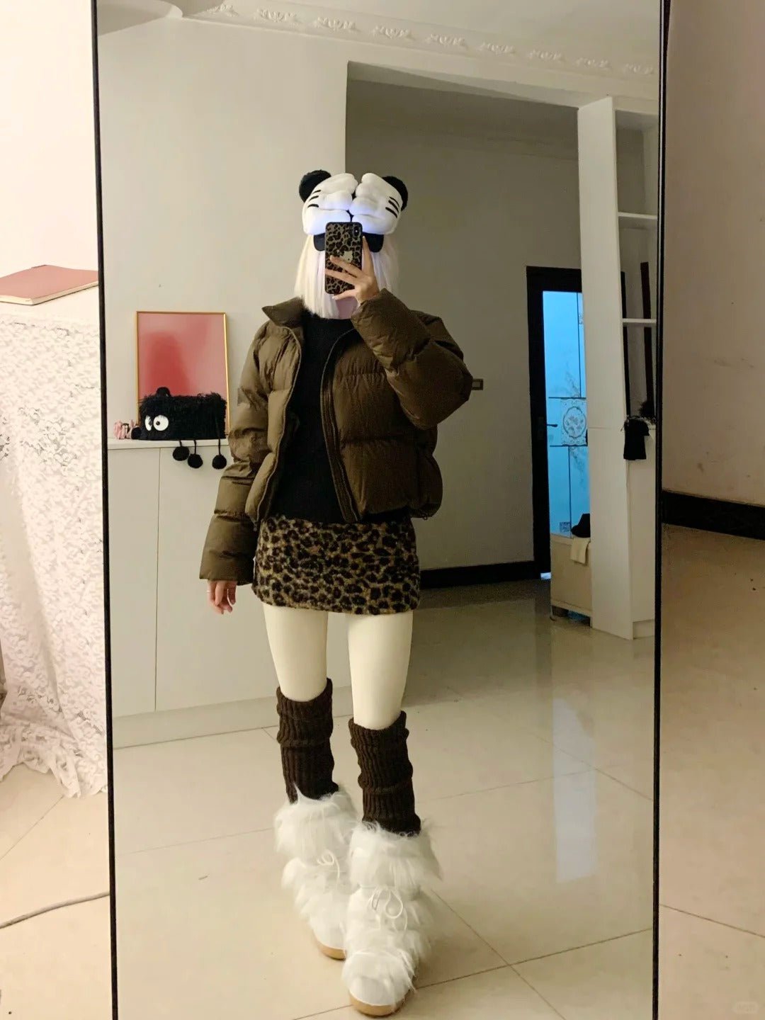 Black Top with Brown Short Down Jacket and Leopard Mini Skirt Y2K Outfit - tutufox - 