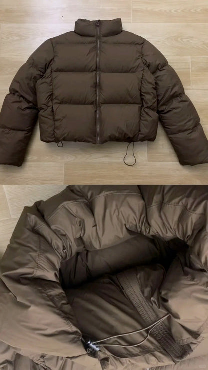 Black Top with Brown Short Down Jacket and Leopard Mini Skirt Y2K Outfit - tutufox - 