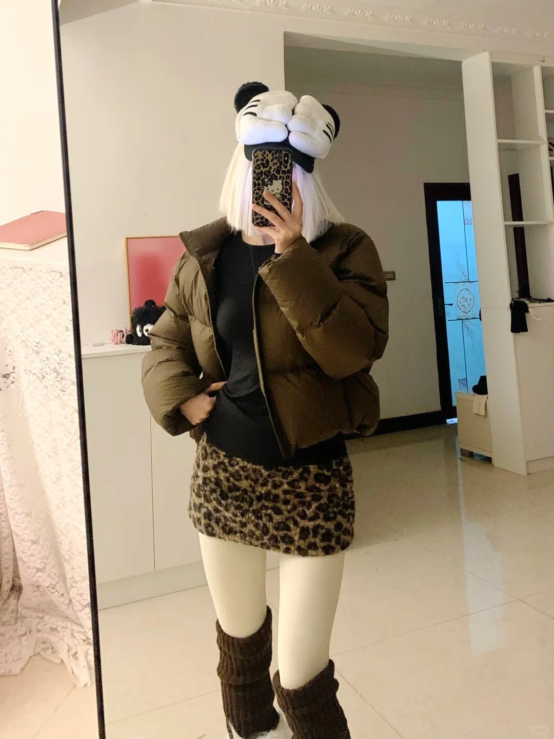 Black Top with Brown Short Down Jacket and Leopard Mini Skirt Y2K Outfit - tutufox - 