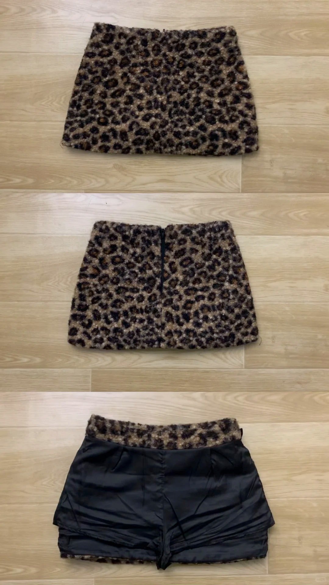 Black Top with Brown Short Down Jacket and Leopard Mini Skirt Y2K Outfit - tutufox - 