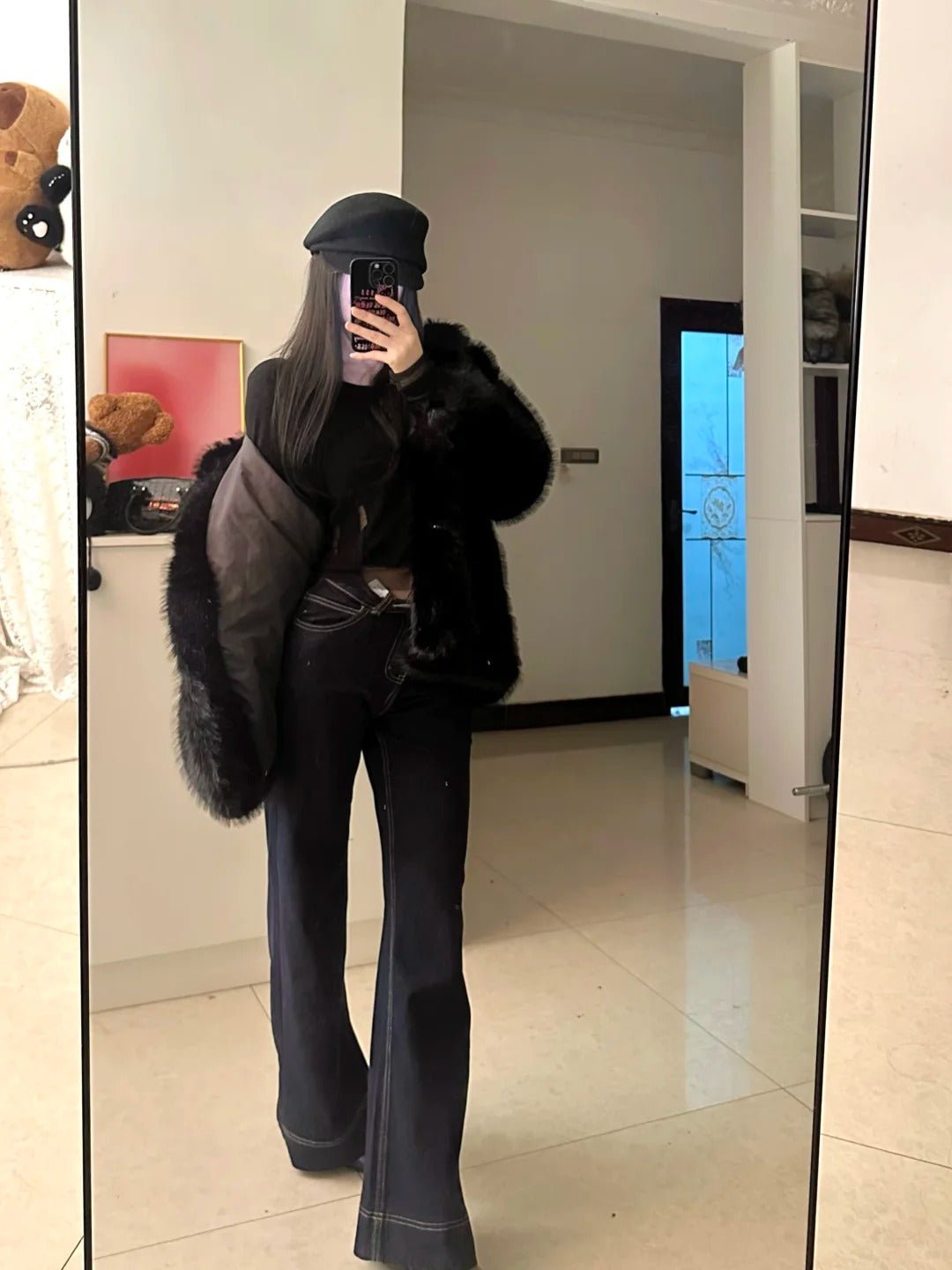 Black Top with Fur Coat and Blue Flared Jeans Y2K Outfit - tutufox - 