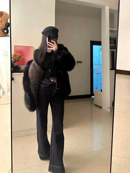 Black Top with Fur Coat and Blue Flared Jeans Y2K Outfit - tutufox - 