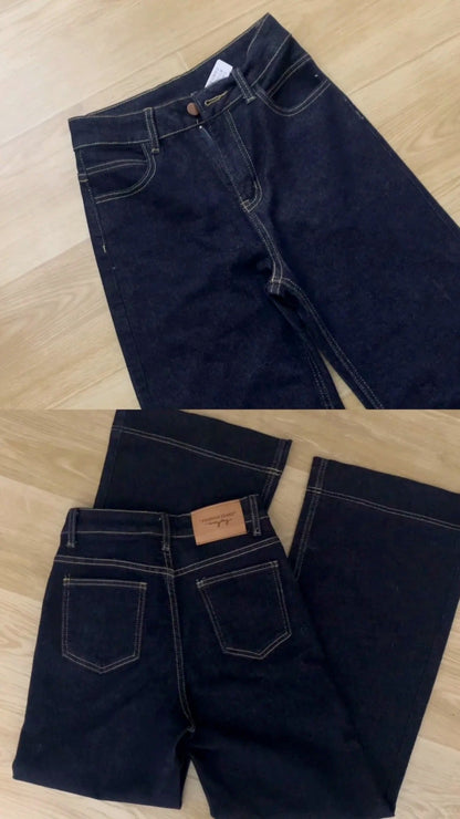 Black Top with Fur Coat and Blue Flared Jeans Y2K Outfit - tutufox - 