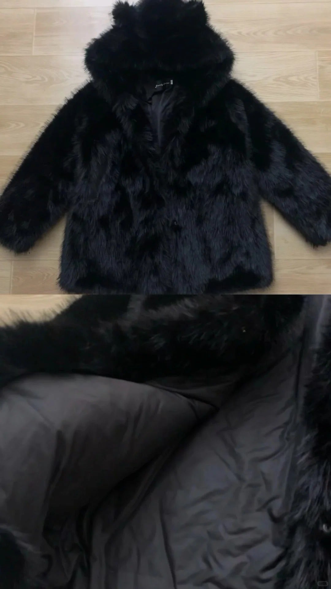 Black Top with Fur Coat and Blue Flared Jeans Y2K Outfit - tutufox - 