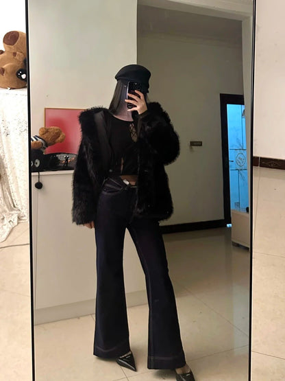 Black Top with Fur Coat and Blue Flared Jeans Y2K Outfit - tutufox - 