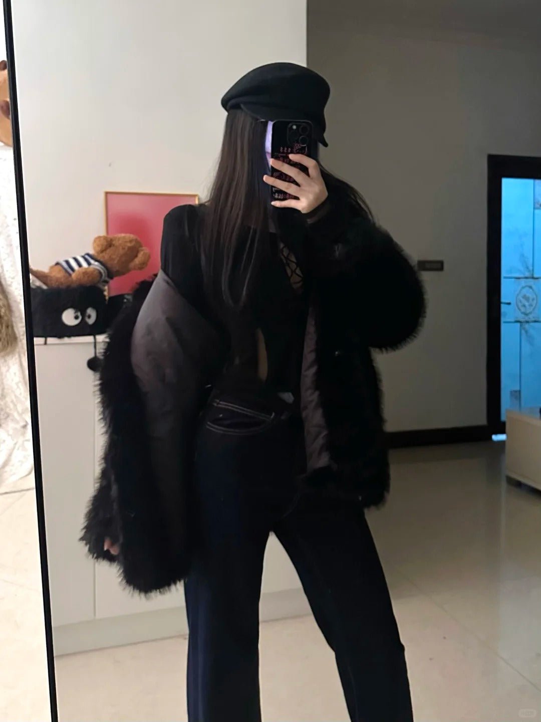 Black Top with Fur Coat and Blue Flared Jeans Y2K Outfit - tutufox - 