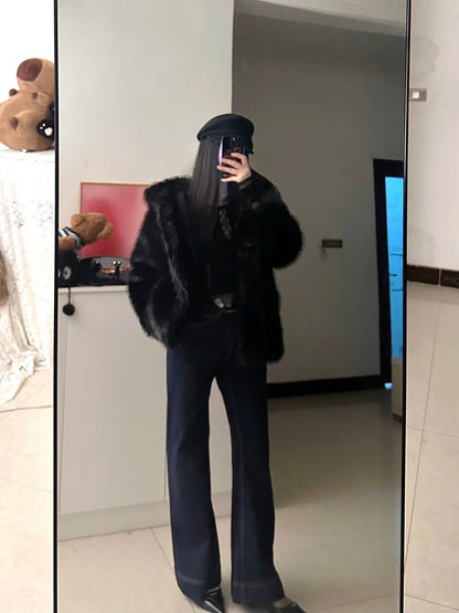 Black Top with Fur Coat and Blue Flared Jeans Y2K Outfit - tutufox - 