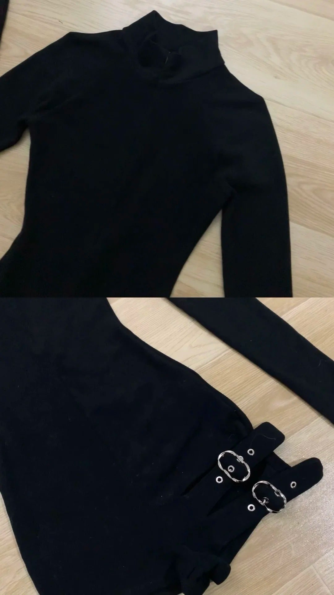 Black Turtleneck Long Sleeve Top and Decorative Mini Denim Shorts Y2K Two Piece Sets - tutufox - 