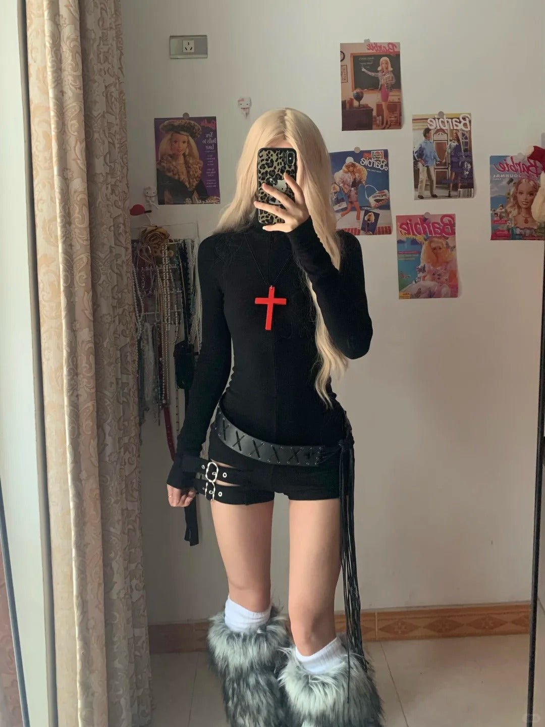 Black Turtleneck Long Sleeve Top and Decorative Mini Denim Shorts Y2K Two Piece Sets - tutufox - 