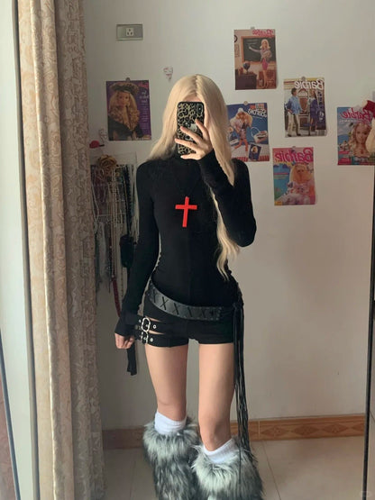 Black Turtleneck Long Sleeve Top and Decorative Mini Denim Shorts Y2K Two Piece Sets - tutufox - 