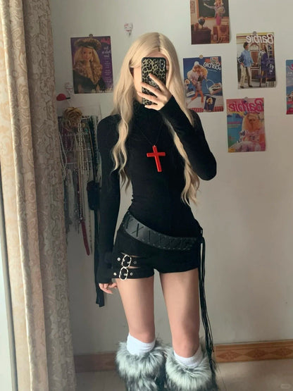 Black Turtleneck Long Sleeve Top and Decorative Mini Denim Shorts Y2K Two Piece Sets - tutufox - 